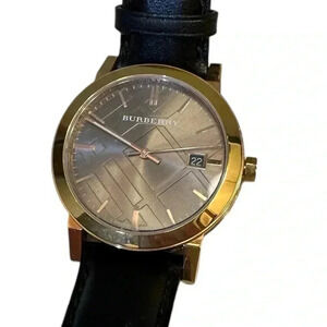 Burberry Rose Gold Watch The City Brown Authentic Leather Beige Dial Date BU9013